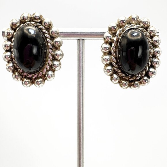 VTG Sterling Silver 925 Black Onyx Bezel Set Beaded Stud Earrings Size 1" Length - Picture 1 of 10